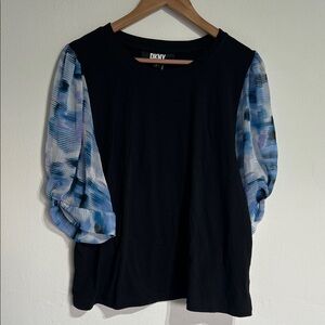 DKNY Black Blouse with Blue Patterned Sleeves